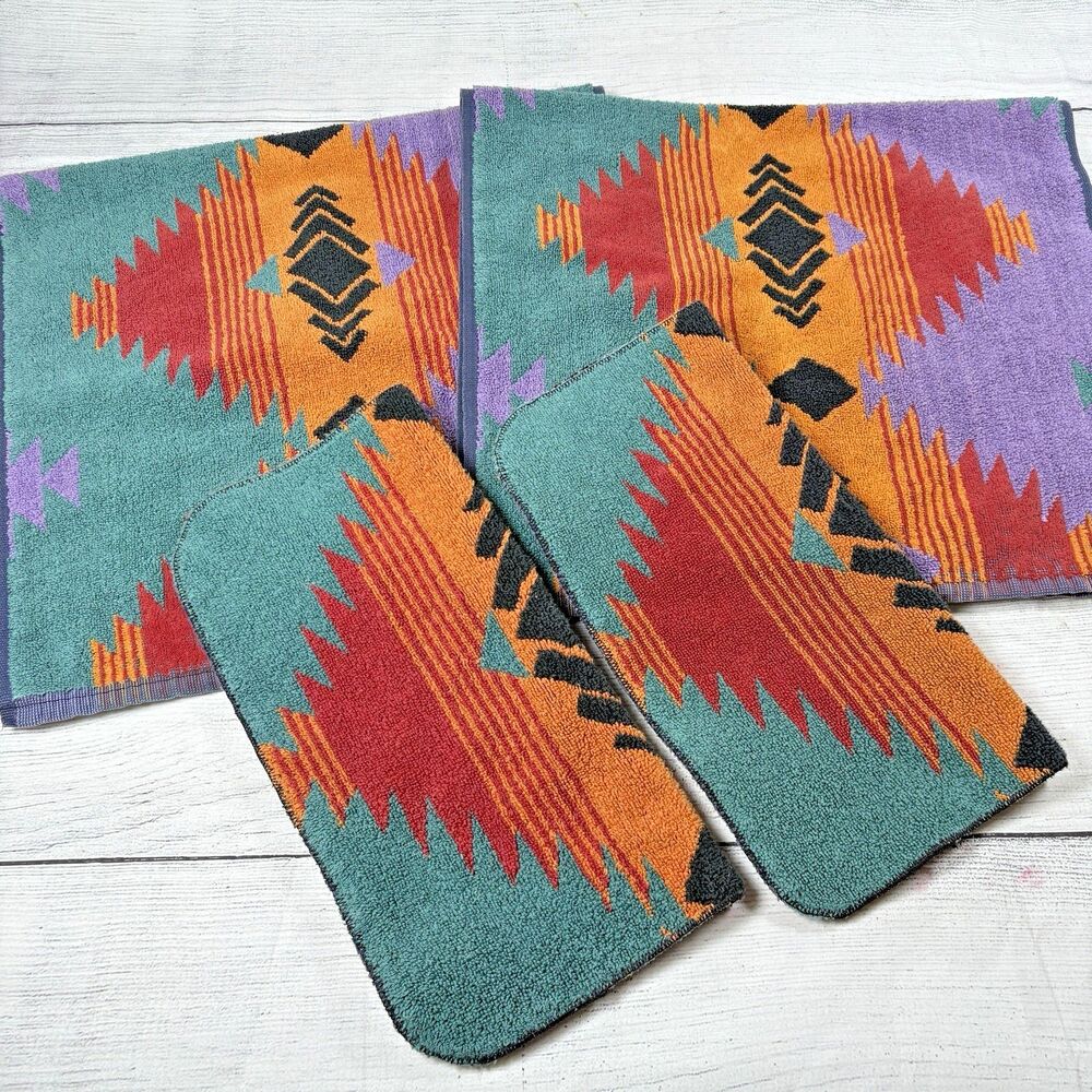 Vintage Ralph Lauren Aztec Southwest Hand Towels (2) Washcloths (2) Canyon Brite